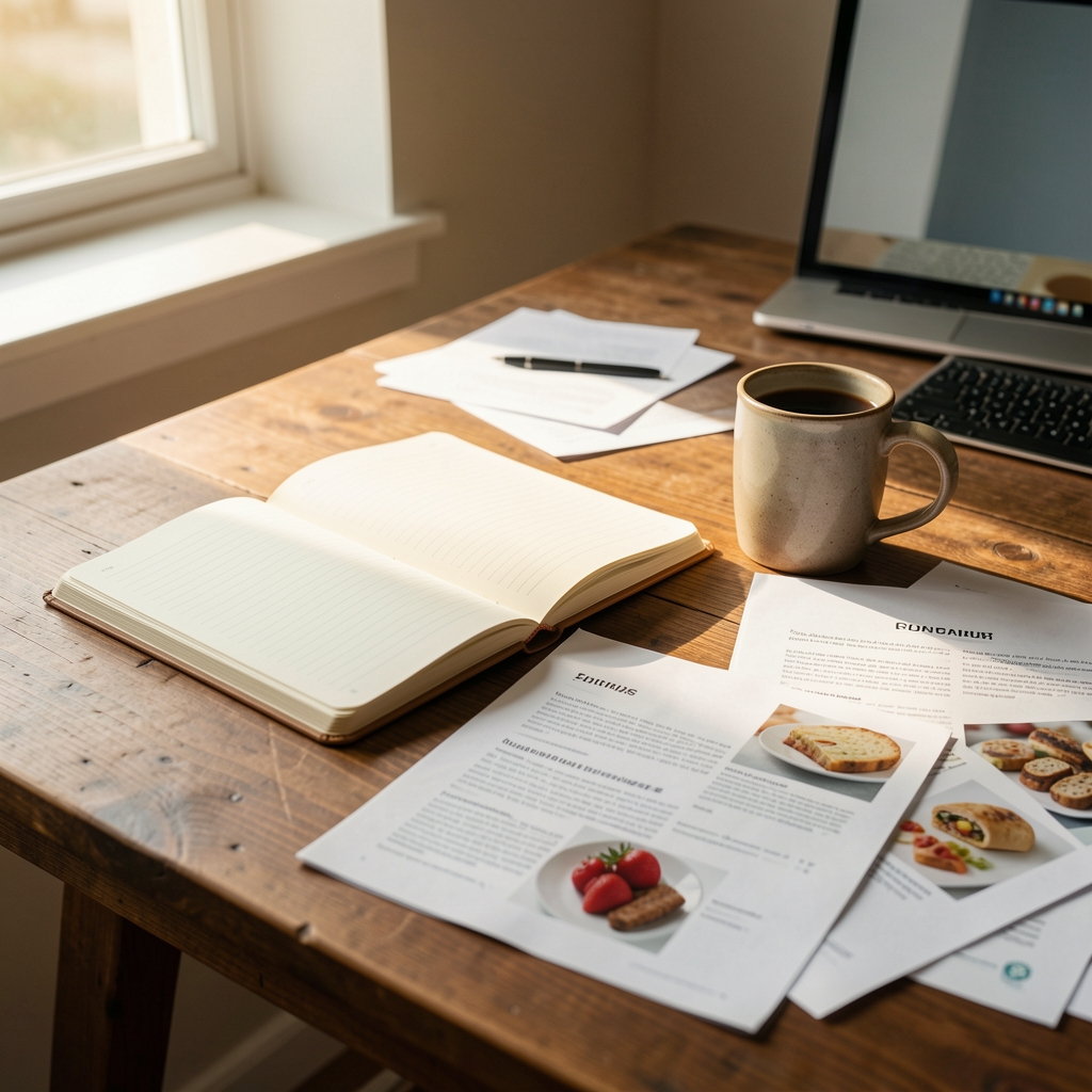 Sunlit editorial workspace with open notebooks, printed research pages and a cup of tea on a wooden desk