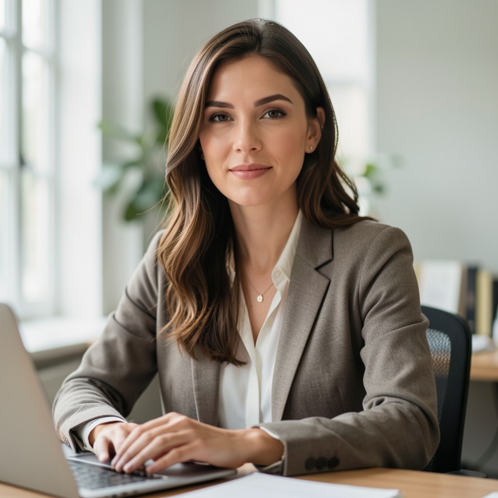 Editorial portrait of a writer at a well-lit desk with bookshelves in the background, soft natural light