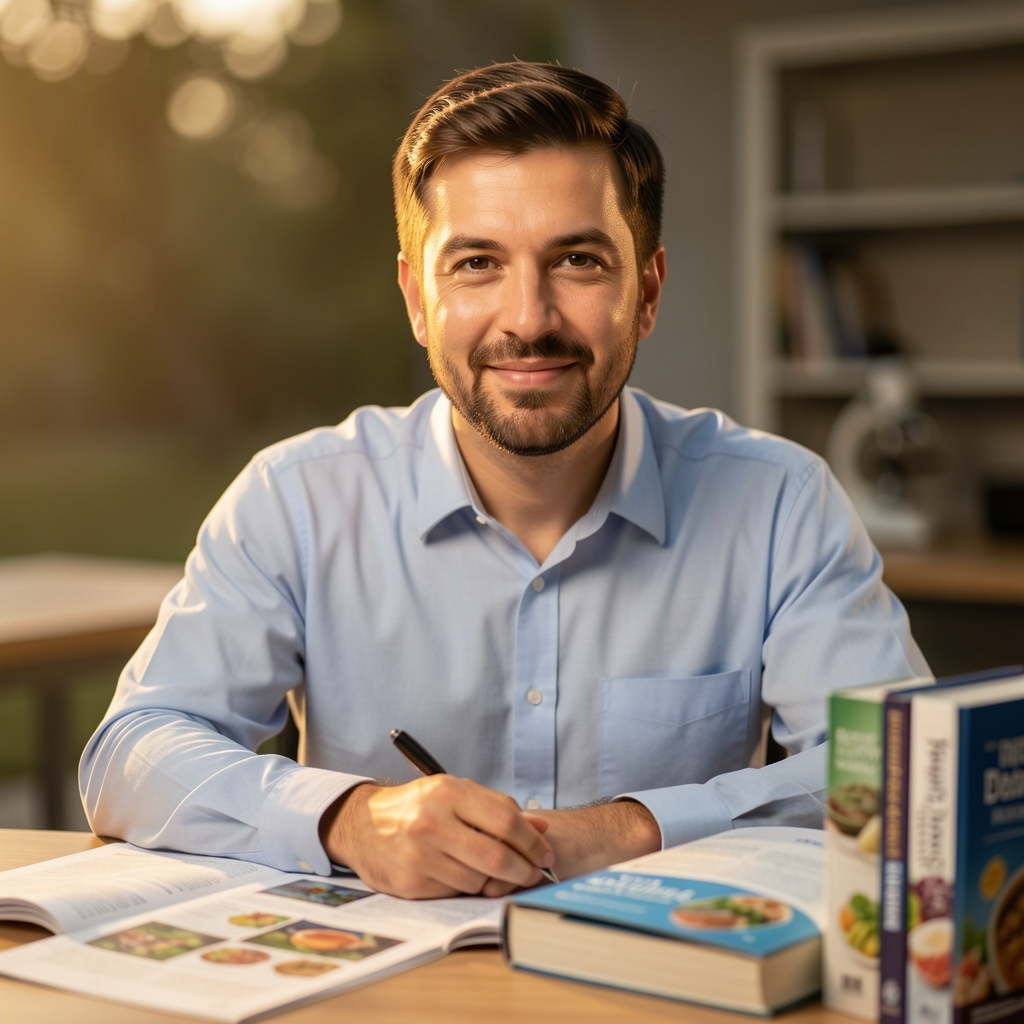 Portrait of a man at a research desk surrounded by food science books and printed journal pages, warm studio lighting from the side