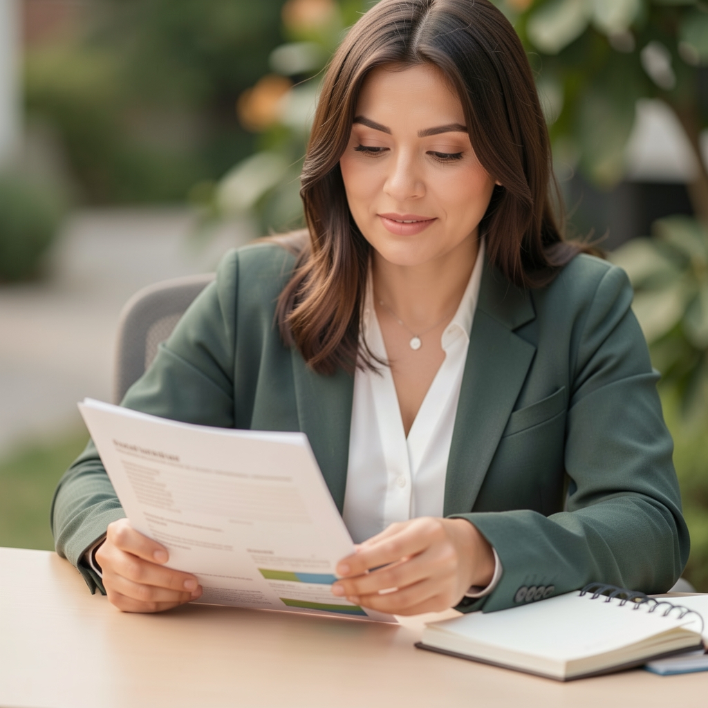 Portrait of a woman reviewing printed food research on a light desk with a notepad open beside her in a calm editorial setting