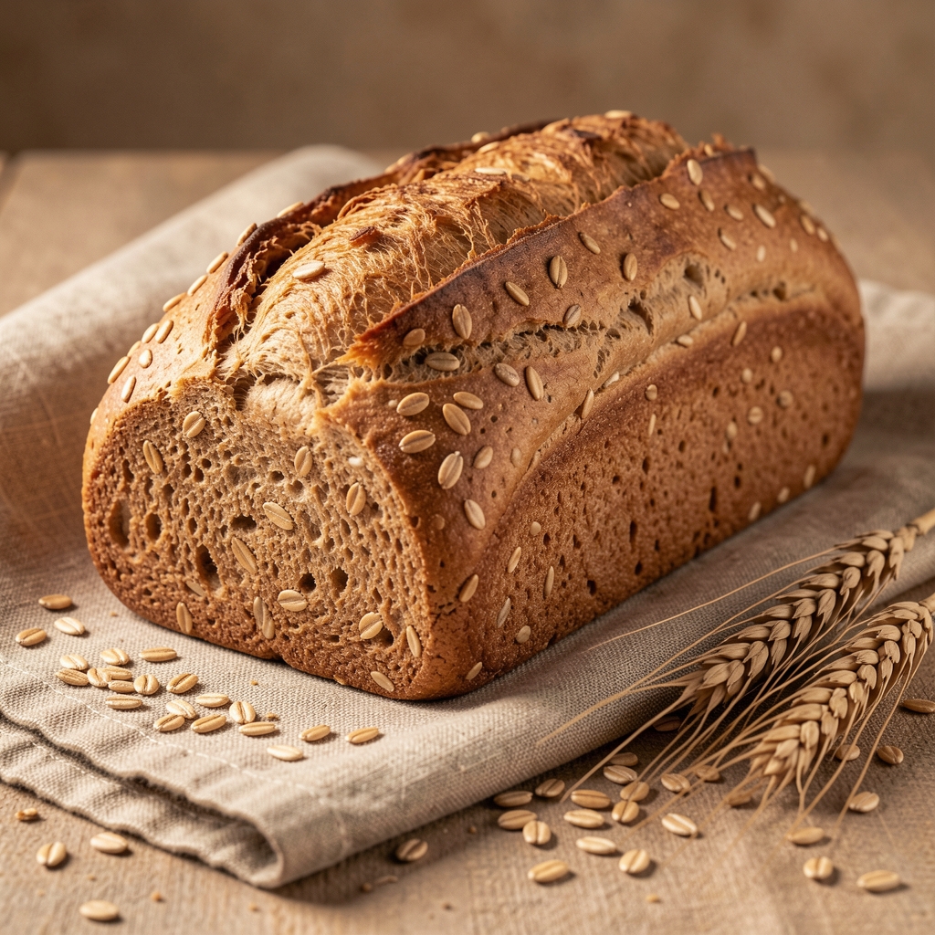 Close-up of a whole grain loaf on a linen cloth with scattered oats and wheat stalks in warm studio lighting
