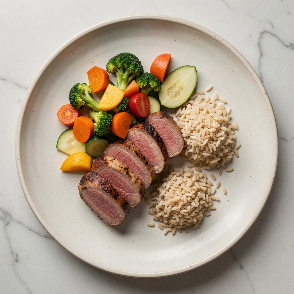 Overhead view of a balanced meal plate with lean protein, colourful vegetables and a small portion of grains on a ceramic dish