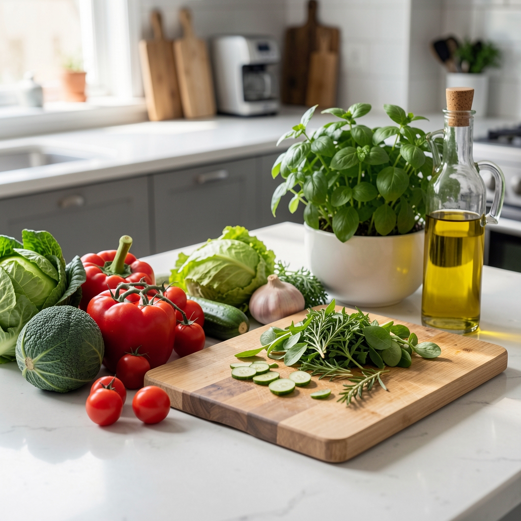 Still life of a kitchen counter with fresh vegetables, olive oil and a cutting board showing a plant-forward food preparation scene
