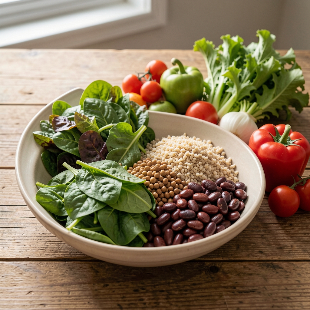 Wooden table with a carefully arranged whole-food meal: leafy greens, grains, legumes and seasonal vegetables in natural daylight