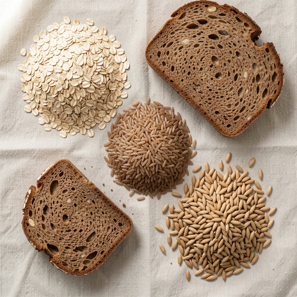 Overhead flat-lay of various whole grain foods including rolled oats, brown rice, rye bread and barley on a pale linen surface in natural daylight