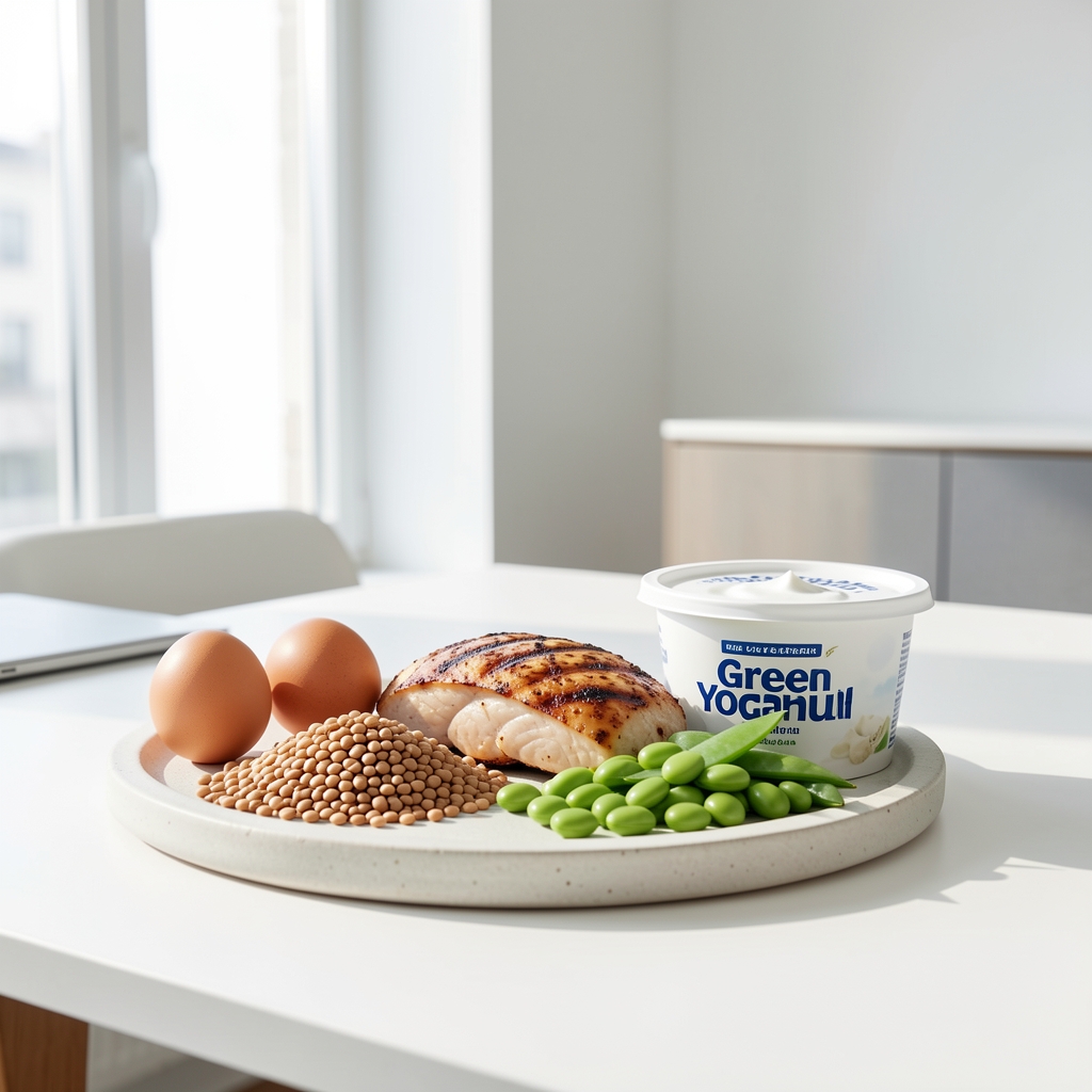 Selection of high-protein whole food ingredients arranged on a ceramic board: eggs, lentils, grilled chicken, Greek yoghurt and edamame beans in bright natural light