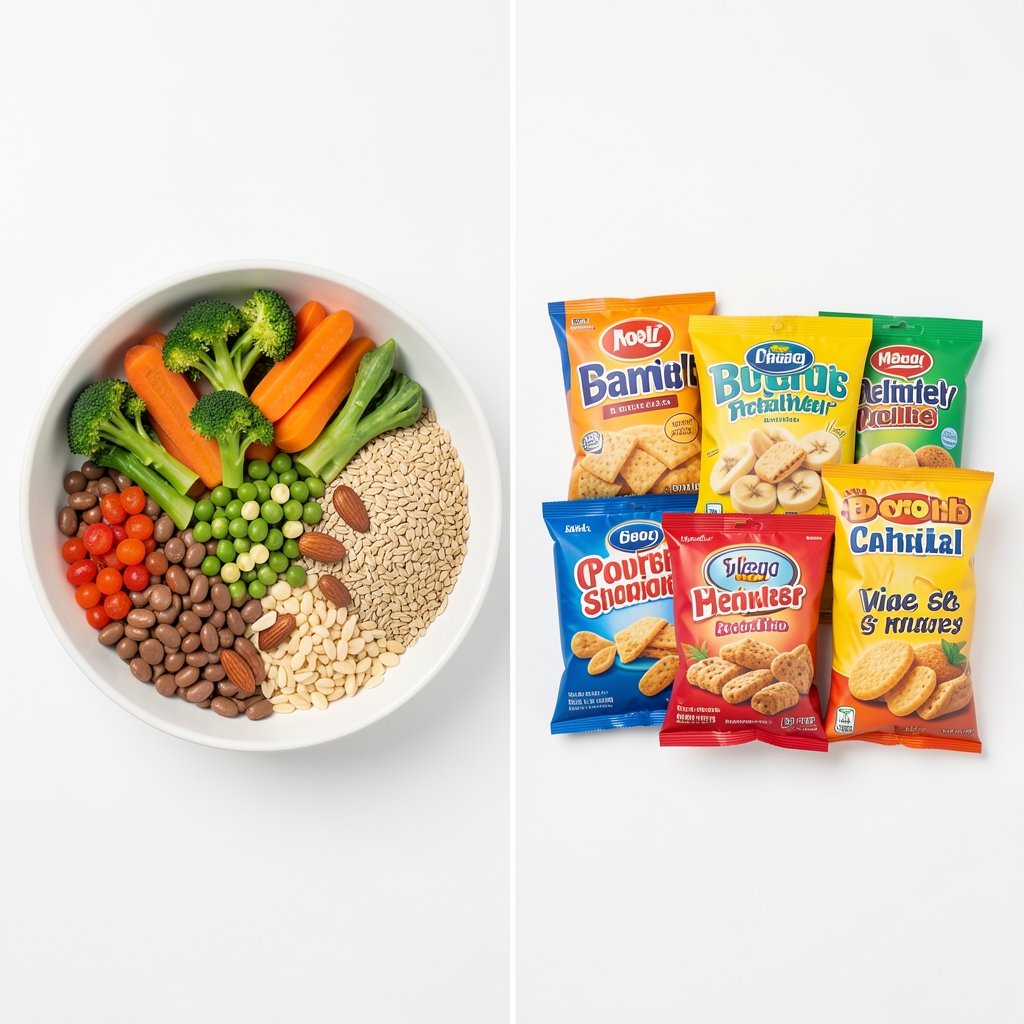 Side-by-side comparison of a whole food meal with vegetables, legumes and grains next to a selection of packaged processed snacks on a white background in studio lighting